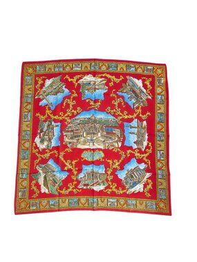 Italian Roma Scarf Featuring Iconic Rome Landmarks Red Gold Blue Polyester Italy